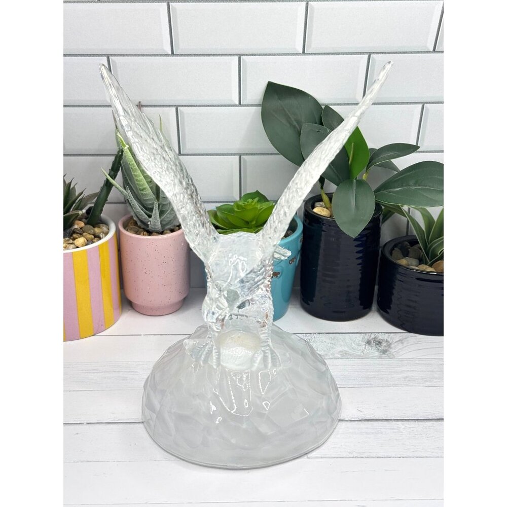 Clear Glass Eagle Figurine On Frosted Glass Base Collectible Sculpture - Picture 3 of 8